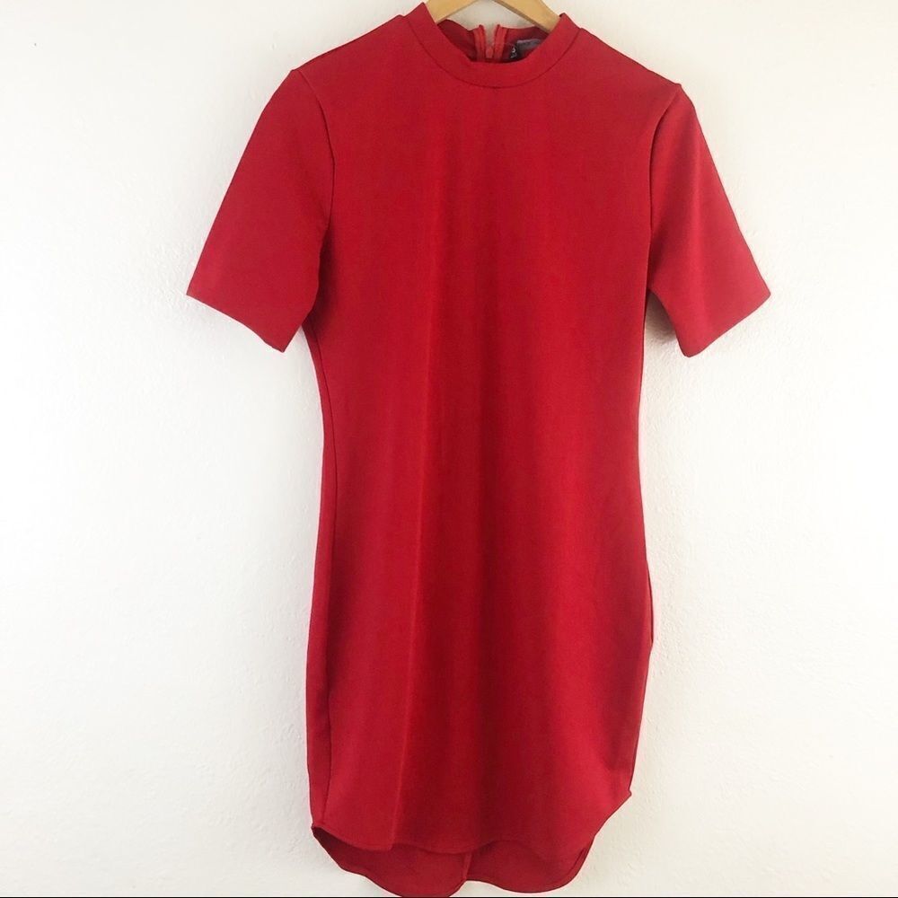 LookbookโStoreย Red mock-neck bodycon mini dress short sleeves curved hemline 8